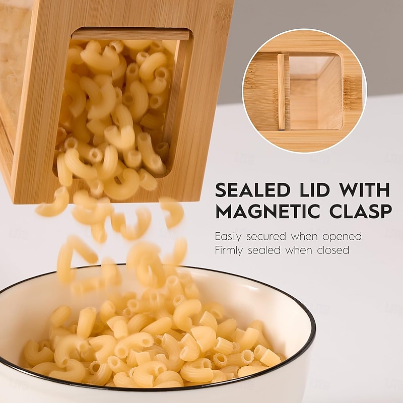 Food Dispenser 2L,Easy to Clean Bamboo Food Storage Containers Featuring a Removable PVC Door Panel,Cereal Cispensers For ServingTea,Coffee,Sugar,Candy,Pasta,Spice3