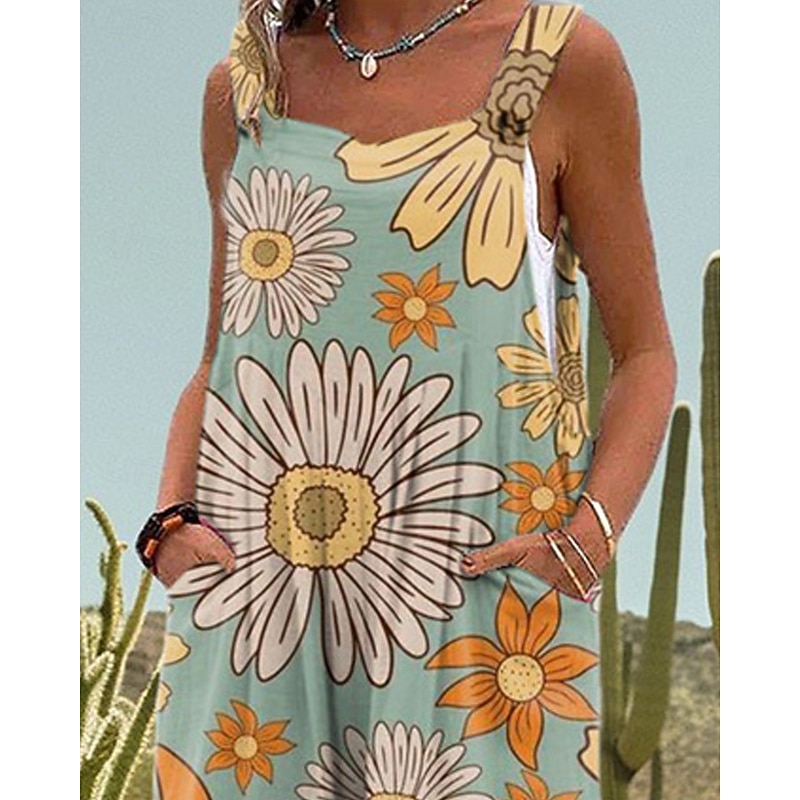 Women's Normal Jumpsuit Dungarees Casual Floral Sleeveless Wide Leg Pocket Street Daily Regular Fit Light Blue Summer2