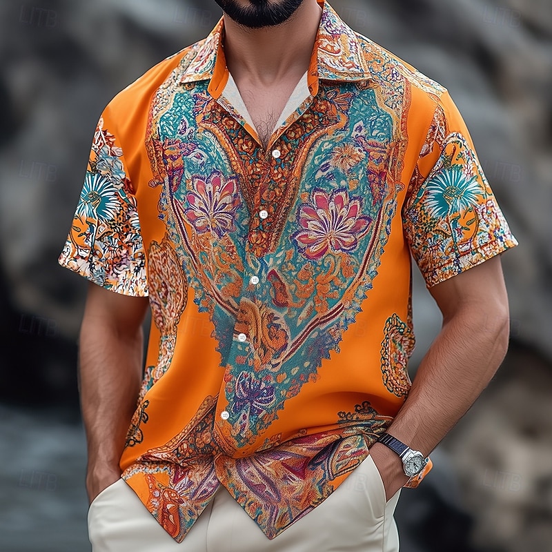 Men's Floral Print Indian Boho Shirt Summer Hawaiian Shirt Button Up Shirt Short Sleeve Hawaiian Vacation Holiday Beach Wear Summer Spring Turndown 3D Print Collared Shirts Blue Orange