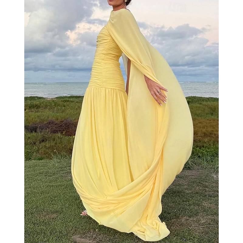 A-Line Evening Gown Dropped Waist Dress Semi Formal Wedding Guest Cape Dress Floor Length Sleeveless Off Shoulder Chiffon with Ruched Dreails2
