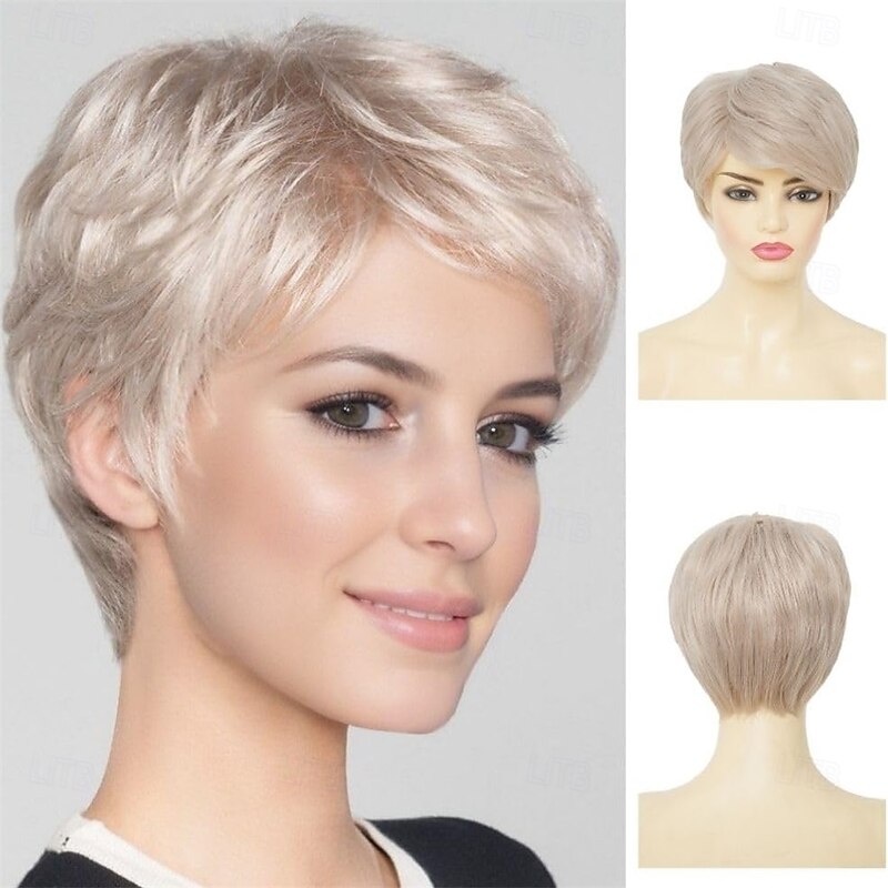 Womens Short White Blonde Pixie Cut Wig Straight Side Part Layered Hair Wig Shaggy Synthetic Fiber Old Lady Wigs for Daily Use
