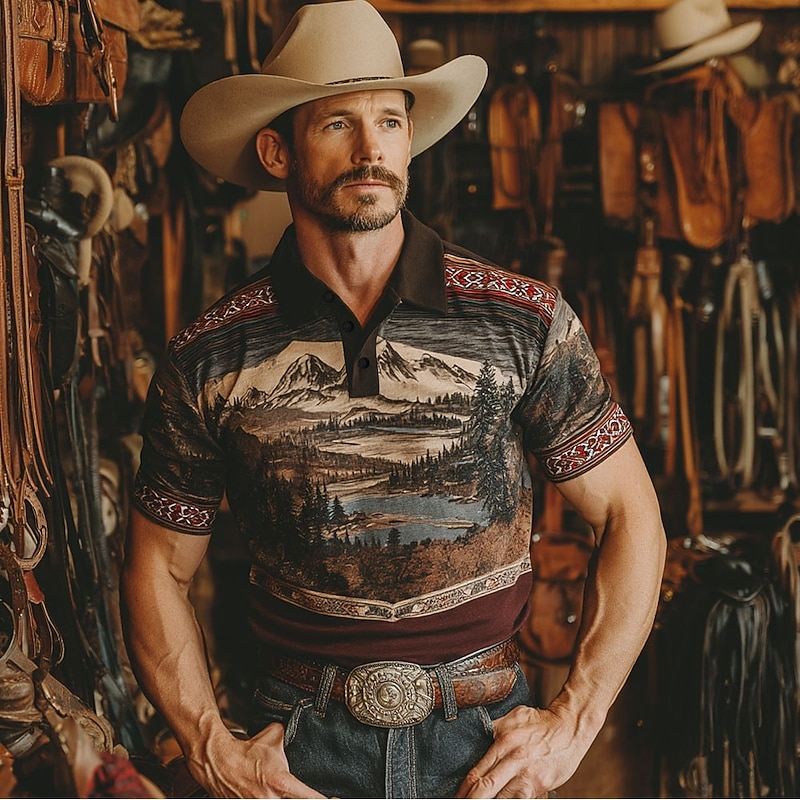 Men's Tree Mountain Polo Short Sleeve Polo Shirts Collared Shirts Western Style Outdoor Athleisure Daily Wear 3D Print Summer Brown2