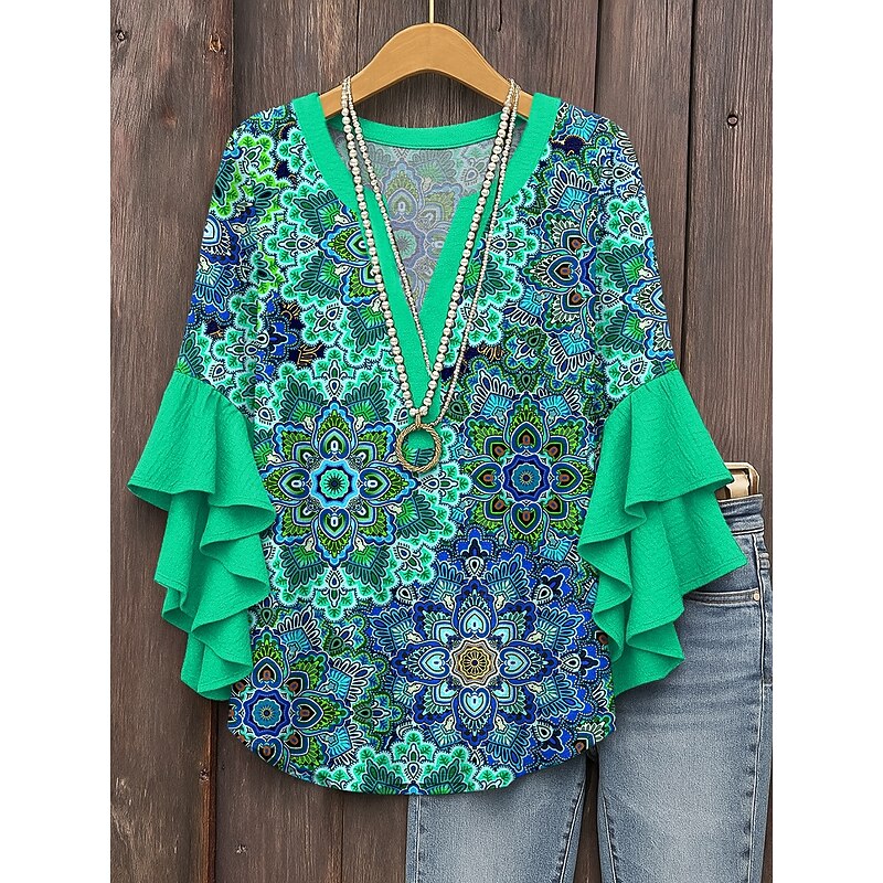Women's Retro Blouse Layered Ruffle Sleeve Tops Vintage Graphic Geometric Vintage Daily Stylish 3/4 Length Sleeve Regular Tops Daily Holiday Vacation Wear Print Red Blue Purple Green Summer