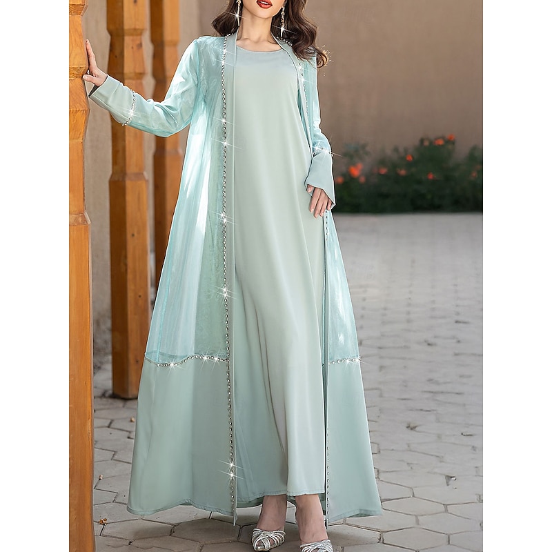 A-Line Mother of the Bride Dress Elegant Vintage Crew Neck Floor Length Satin Long Sleeve with Beading