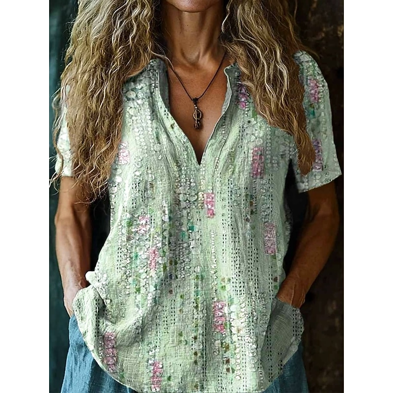 Women's Blouse V Neck Floral Elegant Bohemia Vintage Short Sleeve Notched Neck Regular Tops Daily Holiday Going out Black White Light Green Red Light Blue Summer Spring3