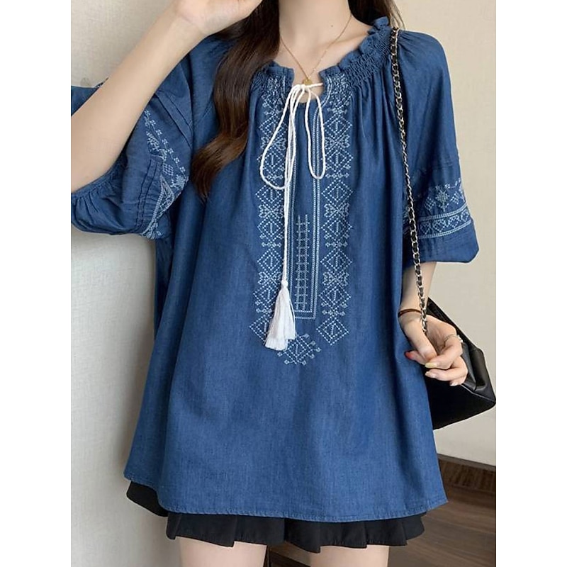 Women's Blouse Solid Color Vintage Ethnic Casual 3/4 Length Sleeve Crew Neck Regular Tops Daily Ruched Embroidered Print Navy Blue Summer3