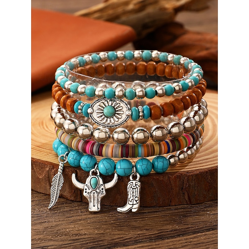 Women's Boho Western Charm Beaded Bracelet Set – Multilayer Stretch Stack with Turquoise, Wood Beads & Cowboy Boot, Feather, Bull Skull Charms – Festival, Casual & Gift Jewelry
