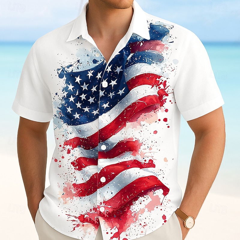 Independence Day Men's American US Flag Patriotic Fourth of July Shirt Summer Shirt Button Up Shirt Short Sleeve Fashion Casual Outdoor Holiday Summer Spring Turndown 3D Print Collared Shirts White