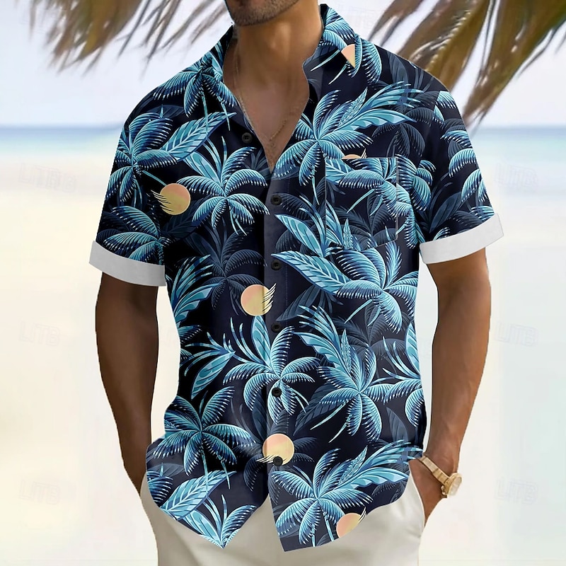 Men's Coconut Tree Tropical Plants Summer Hawaiian Shirt Button Up Shirt Aloha Shirt Short Sleeve Hawaiian Vacation Holiday Beach Wear Summer Turndown 3D Print Front One Pocket Linen Like Shirt Dark