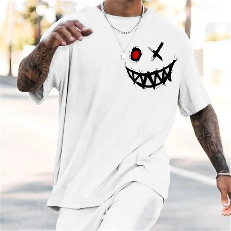 Mens Edgy Stitched Smiley Face Graphic Short Sleeve T-Shirt Casual Top