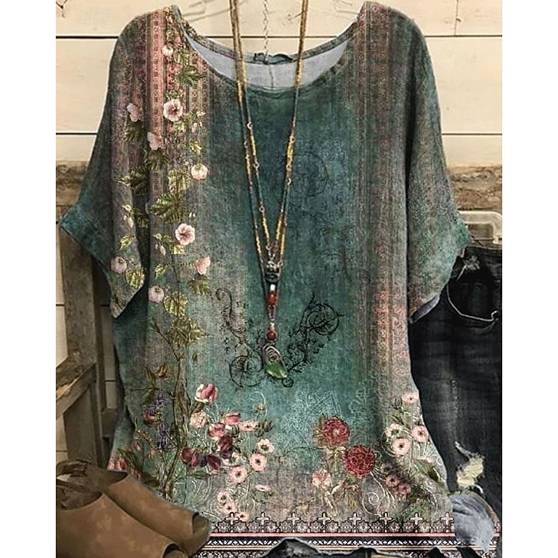 Women's Shirt T Shirt Tee Top Flowers Elegant Fashion Modern Short Sleeve Crew Neck Regular Tops Daily Weekend Print White Yellow Light Green Purple Green Summer