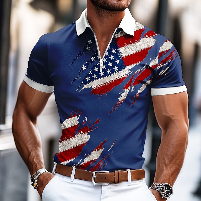Independence Day Men's American US Flag Zip Polo Short Sleeve Turndown Casual / Sporty Casual Daily Festival 3D Print Graphic Summer Black White Blue2
