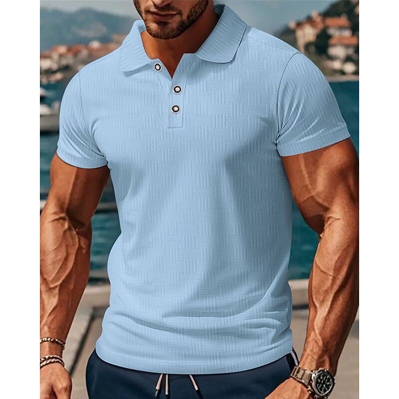 Men's Golf Shirt Golf Polos Shirts Work Casual Lapel Short Sleeve Basic Modern Plain Buttons Jacquard Summer Regular Fit Black White Sky Blue Khaki Gray Golf Shirt
