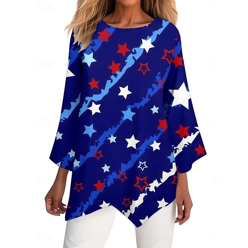 Women's Patriotic  Shirt Flag Stylish Casual 3/4 Length Sleeve Crew Neck Regular Tops Daily Print White Red Navy Blue Blue Summer Spring3
