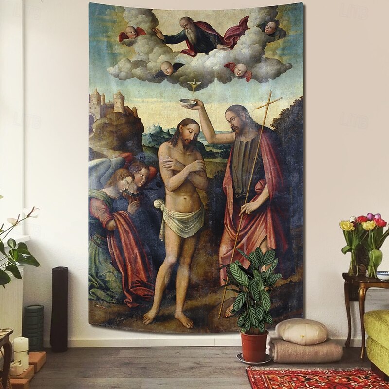 Medieval Tapestry Middle Age Tapestry Religious Art Large Mural Decor Photograph Backdrop Home Bedroom Living Room Decoration The Baptism of Christ