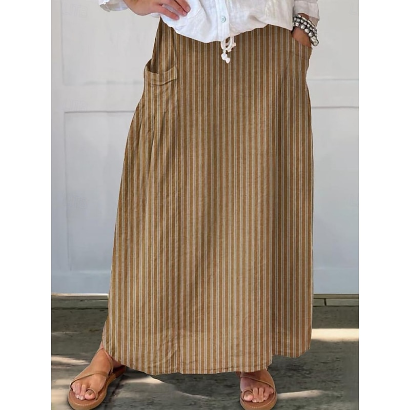Women's Skirt A Line Bohemia Vintage Casual Maxi High Waist Skirts Striped Pocket Print Micro-elastic Street Daily Blue Brown Apricot Gray Summer Polyester Cotton Blend3