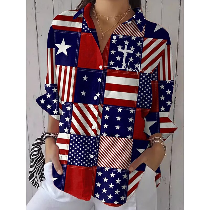 Women's Patriotic Shirt Graphic Flag Vintage Stylish Casual Regular Tops Daily White Blue Spring2