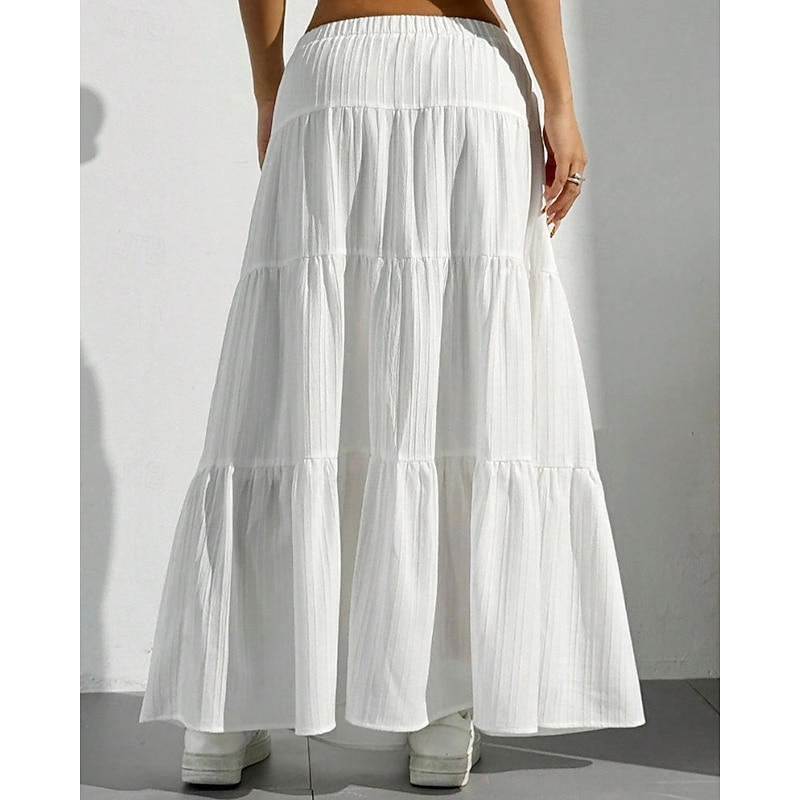 Women's Skirt Swing Fashion Maxi Mid Rise Skirts Plain Ruched Drawstring Micro-elastic Vacation Going out Black White Red Brown Summer Polyester2