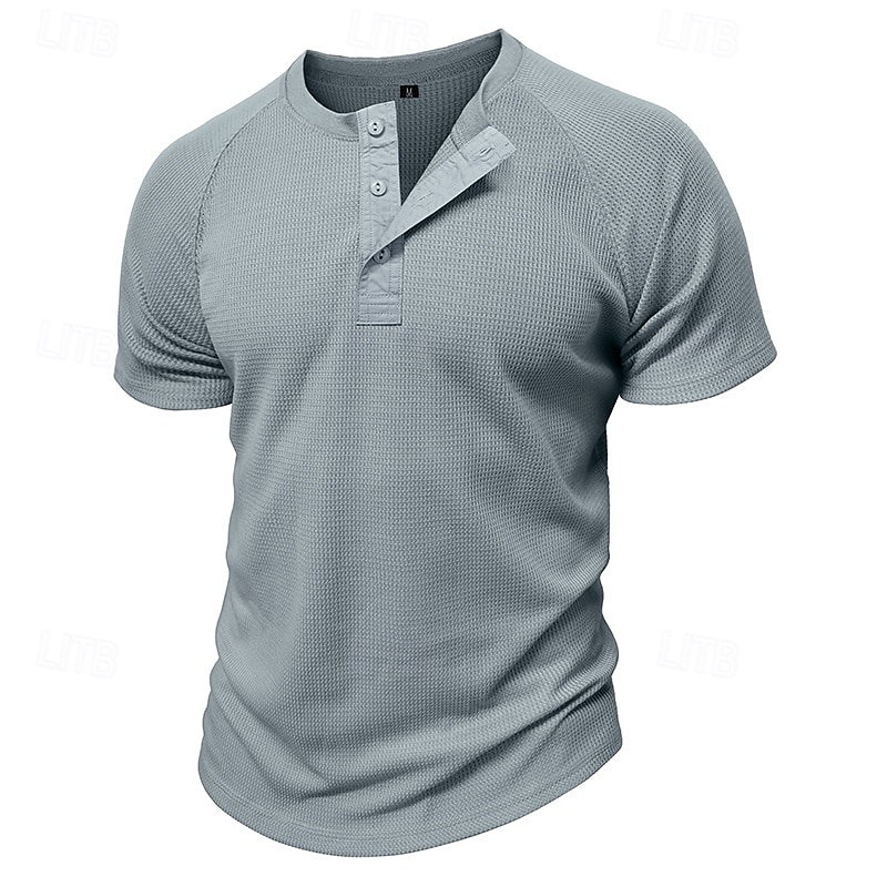 Men's Waffle Henley Shirt Tee Short Sleeve Solid Color Plain Solid Casual Buttons Henley Outdoor Casual Daily Summer Spring &  Fall Dark Brown Black Gray Henley T-Shirt