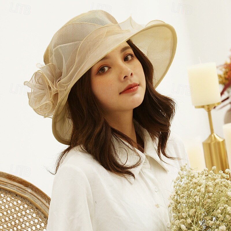 Hats Organza Sun Hat Wedding Beach Elegant Vintage Sun Protection With Floral Headpiece Headwear2