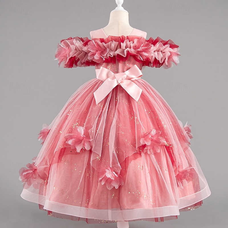 Kids Girls' Party Dress Flower Short Sleeve Wedding Special Occasion Sequins Ruched Zipper Princess Sweet Polyester Maxi Party Dress Summer Spring Fall 4-12 Years Red Purple Gray2