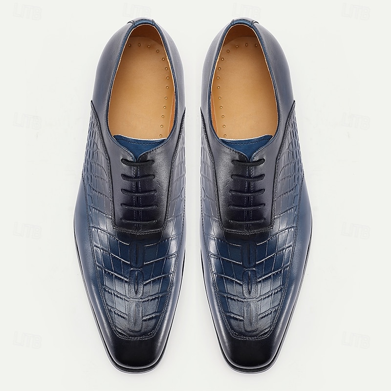 Men's Premium Navy Blue Crocodile Leather Lace-Up Dress Shoes for Exclusive Weddings, Galas and Formal Occasions4
