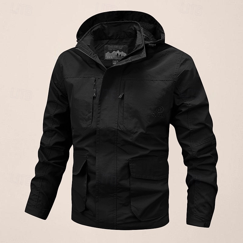 Men's Outdoor Jacket Transition Jacket Hiking Removable Multiple Pockets All Seasons Plain Casual Hooded Regular Black Khaki Dark Blue Gray Jacket 10