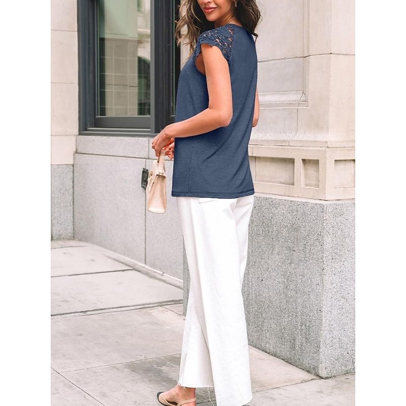 Women's T Shirt Solid Color Plain Fashion Stylish Classic Short Sleeve Crew Neck Regular Tops Daily Weekend Lace Patchwork Black Blue Green Khaki Summer4