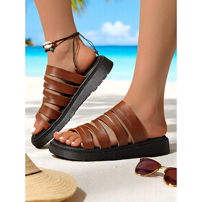 Women's Brown Multi-Strap Slide Sandals – Casual Faux Leather Flats for Beach, Resort, and Vacation Outfits