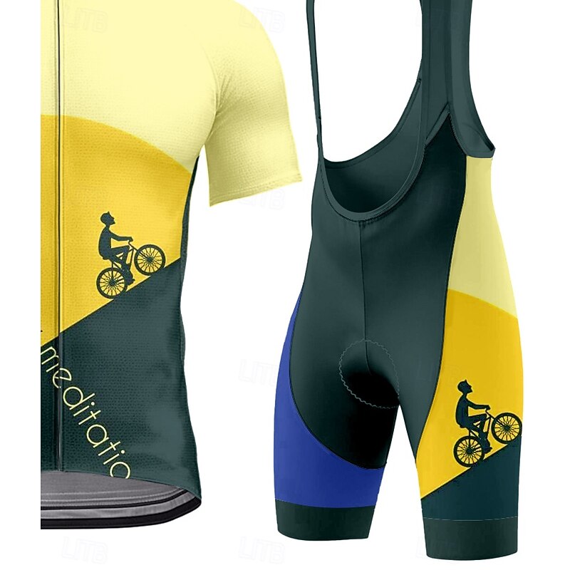 Men's Cycling Jersey with Bib Shorts Short Sleeve Yellow Bike Sports Graphic Geometric Letter & Number Clothing Apparel3