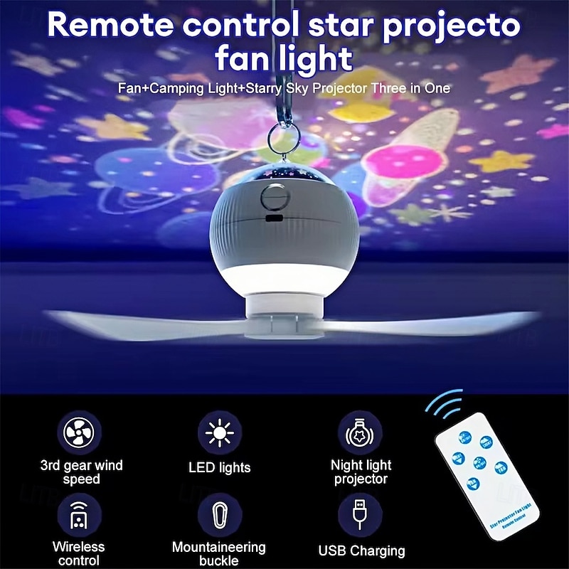 Starry Sky Projection Fan Light Multi Functional Creative Starry Sky Projection Light Room Lighting Living Room Atmosphere Light Outdoor Camping Fan Light Usb Charging  1PC2