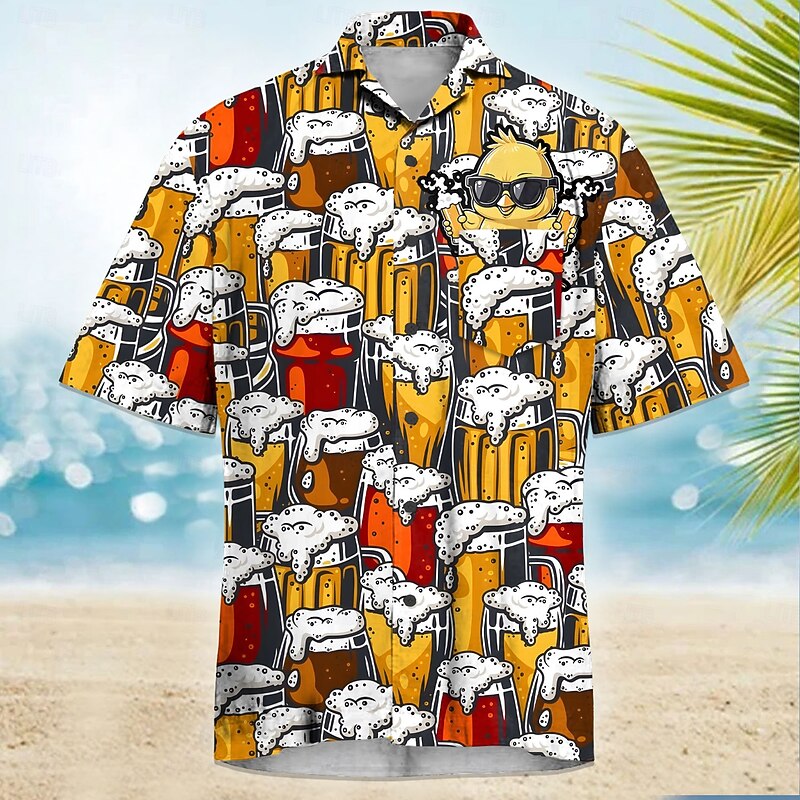 Men's Funny Beer Duck Cuban Collar Shirt Summer Hawaiian Shirt Aloha Shirt Short Sleeve Hawaiian Vacation Holiday Beach Wear Summer Spring Camp Collar Shirt 3D Print Front One Pocket Red Apricot