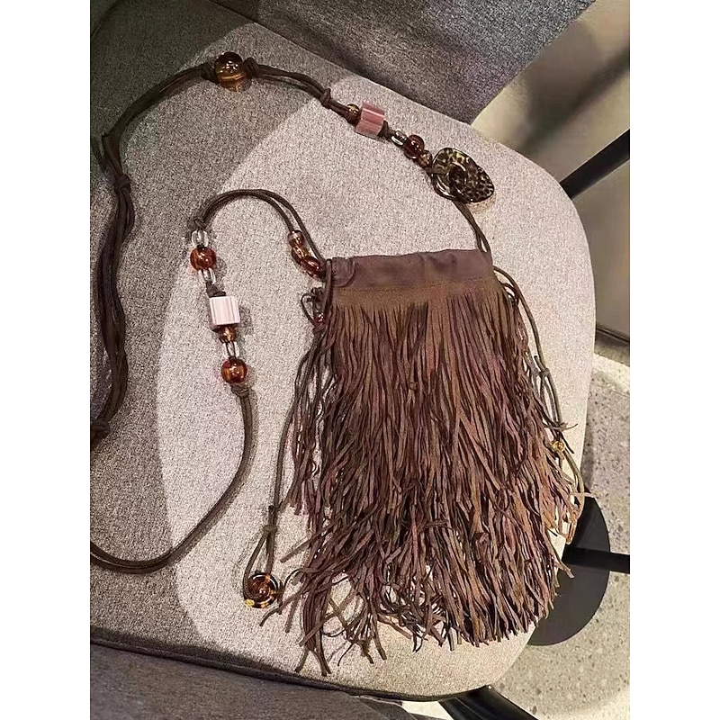 Women's Boho Fringe Crossbody Bag with Beaded Strap – Vintage Suede-Look Shoulder Purse for Festivals, Travel and Casual Outfits