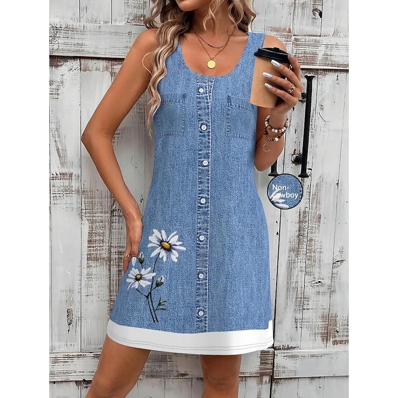 Women's Mini Dress Sundress A Line Dress Summer Dress Vacation Casual Daily Regular Fit Floral Graphic Sleeveless U Neck Navy Blue Blue Summer