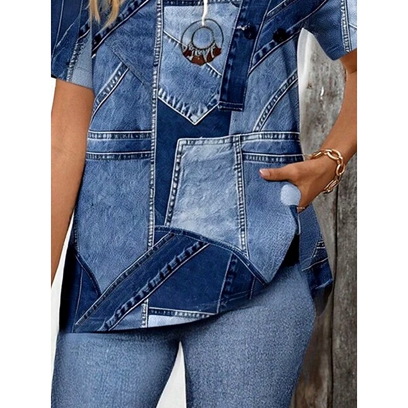 Women's Fashion Stylish T Shirt Shorts Sets Short Sleeve V Neck Graphic Geometric 3D Patchwork Print Casual Daily Black Ink Blue Light Blue Summer Regular Fit3