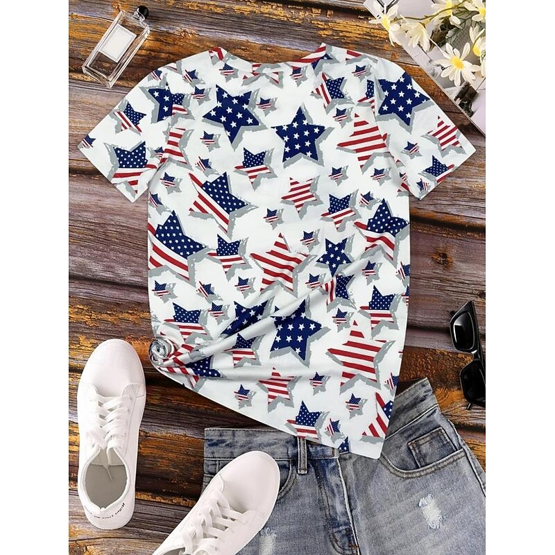 Women's Patriotic  T Shirt Graphic Flag Vintage Stylish Classic Short Sleeve Crew Neck Round Neck Regular Tops Daily Weekend Print Black White Navy Blue Royal Blue3