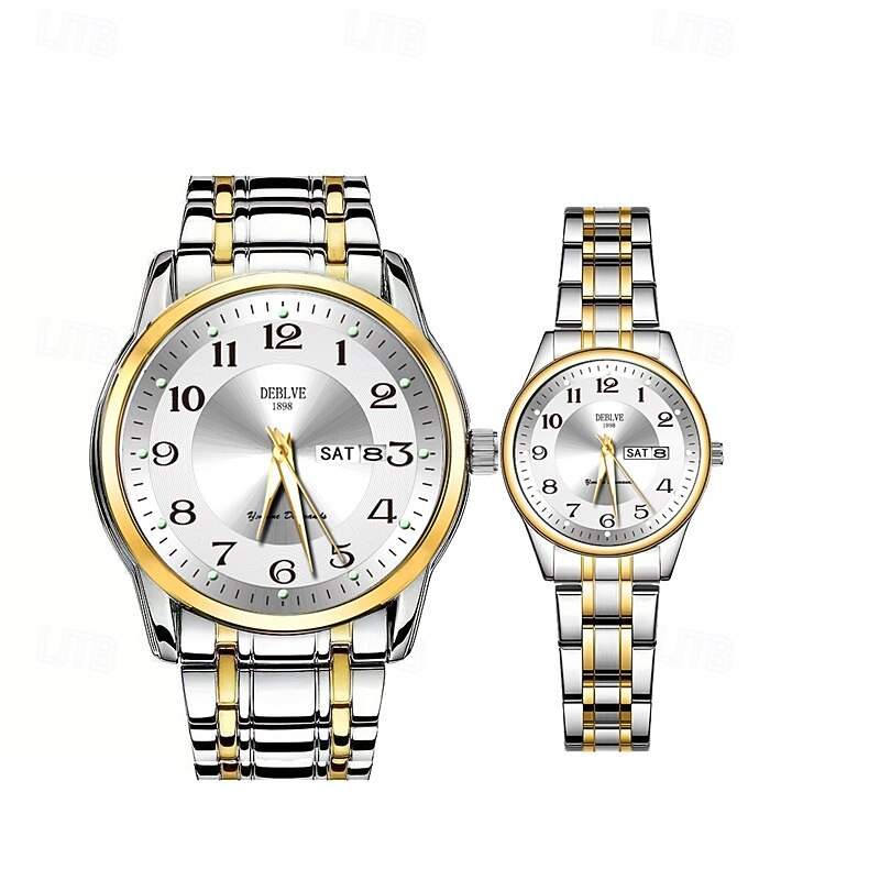 Two round digital dial elegant men and women Couples watch IPX7 waterproof grade Glow-in-light double calendar Monday/Sunday display alloy strap ideal gift for men and women dating fashion couples spo2