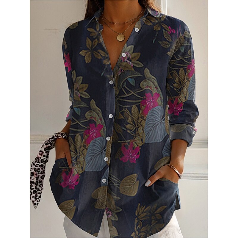 Women's Boho Shirt Cotton Linen Shirts Button Up Blouse Floral Geometric Basic Casual Long Sleeve Shirt Royal Blue Purple Khaki Toile Home Party Elegant Neutral Daily Shirt Collar Loose Fit S