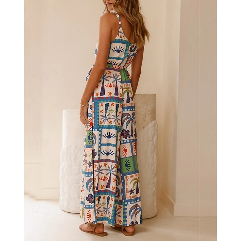 Women's Normal Jumpsuit Casual Floral Sleeveless Wide Leg V Neck Print Street Daily Regular Fit Blue Summer4