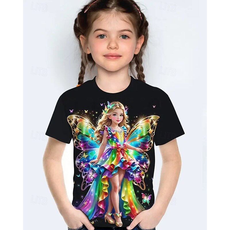Girls' 3D Cartoon Butterfly T shirt Tee Short Sleeve Summer Spring Fashion Basic Kids 4-12 Years Crew Neck Outdoor Casual Daily Regular Fit