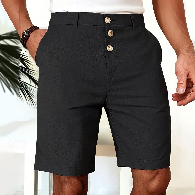 Men's Shorts Linen Shorts Summer Shorts Beach Shorts Buttons Pocket Straight Leg Plain Comfort Breathable Knee Length Outdoor Party Office Fashion Business Black White4