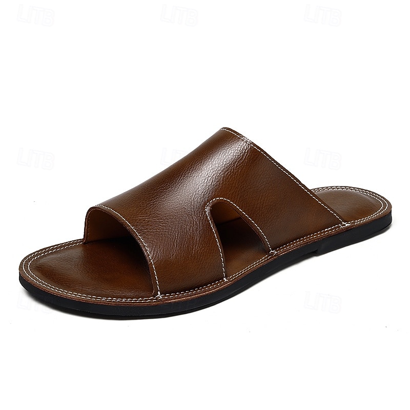 Men's Brown Faux Leather Slide Sandals with Wide Strap Soft Footbed Easy Slip-On Design for Adults Ideal for Indoor Relaxation Summer Lounge Home Comfort Wear4