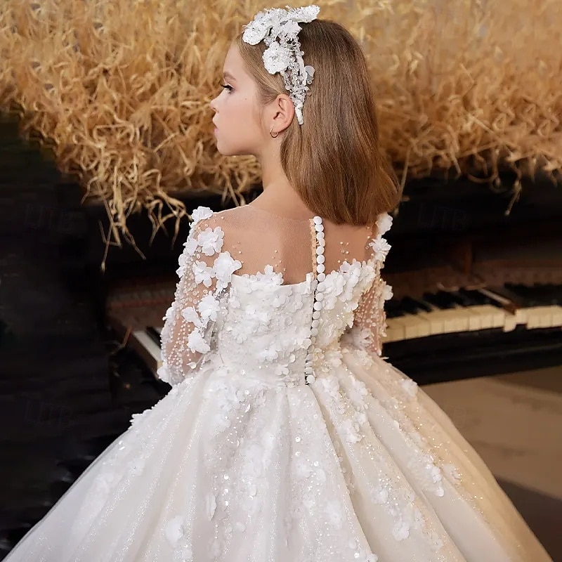 Ball Gown Sweep / Brush Train Flower Girl Dress First Communion Frozen Elsa Girls Cute Prom Dress Tulle with Ruched Royal Style Tutu Fit 3-16 Years4