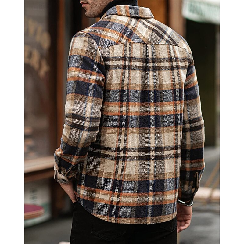 Men's Shirt Jacket Winter Jacket Shacket Plaid / Check Vacation Daily Wear Red Blue Orange Brown Long Sleeve Lapel Winter Autumn / Fall Clothing Apparel Pocket4