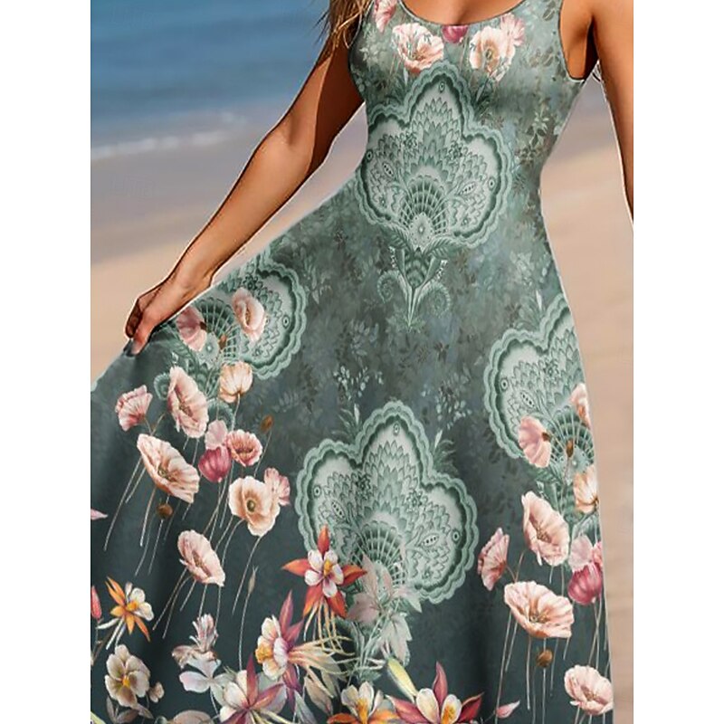 Women's Maxi Dress A Line Dress Off The Shoulder Dress Bohemia Vacation Beach Party Regular Fit Floral Graphic Paisley Sleeveless Square Neck Scoop Neck Sage Green Summer Spring2
