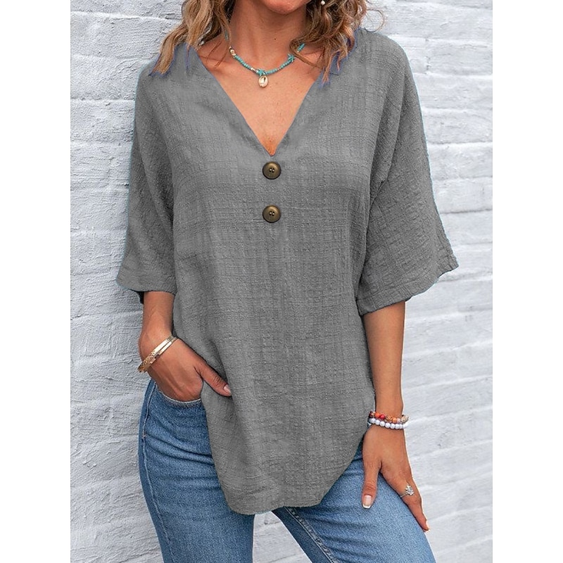 Women's Shirt Plain Basic Casual Half Sleeve Shirt Collar Regular Tops Daily Buttons Yellow Royal Blue Green Light Grey Gray Summer2