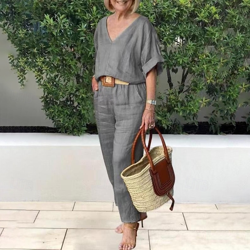 Women's Active Basic Cotton Linen Shirts Blouse Pants Sets Short Sleeve V Neck Solid Color Vacation Casual Daily Yellow Army Green Dark Navy Summer Regular Fit