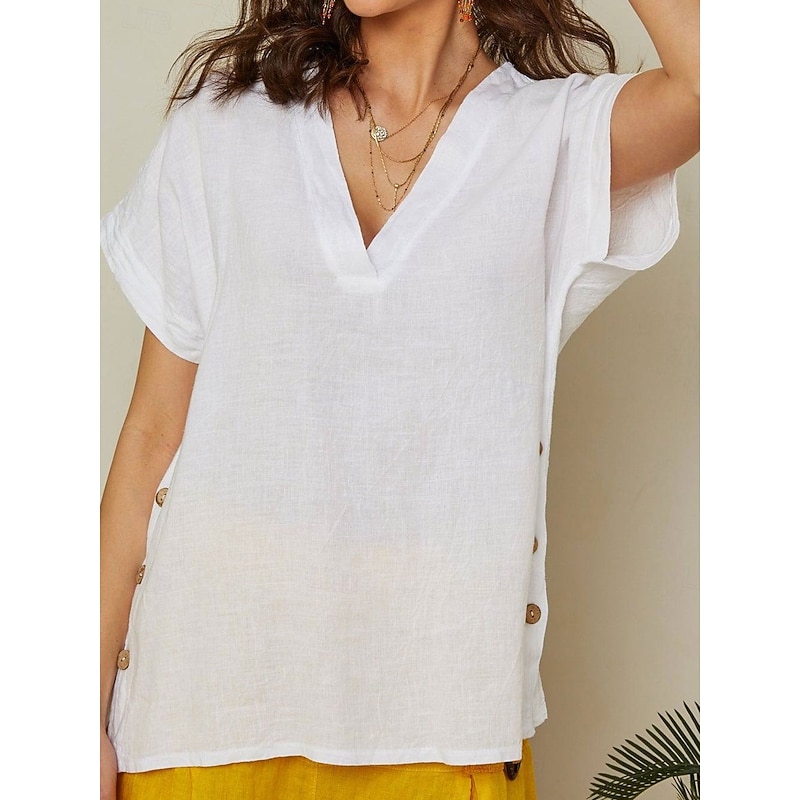 Women's Cotton Linen Blouse Solid Color Elegant Casual Short Sleeve V Neck Regular Tops Daily Holiday Buttons Black White Brown Summer3