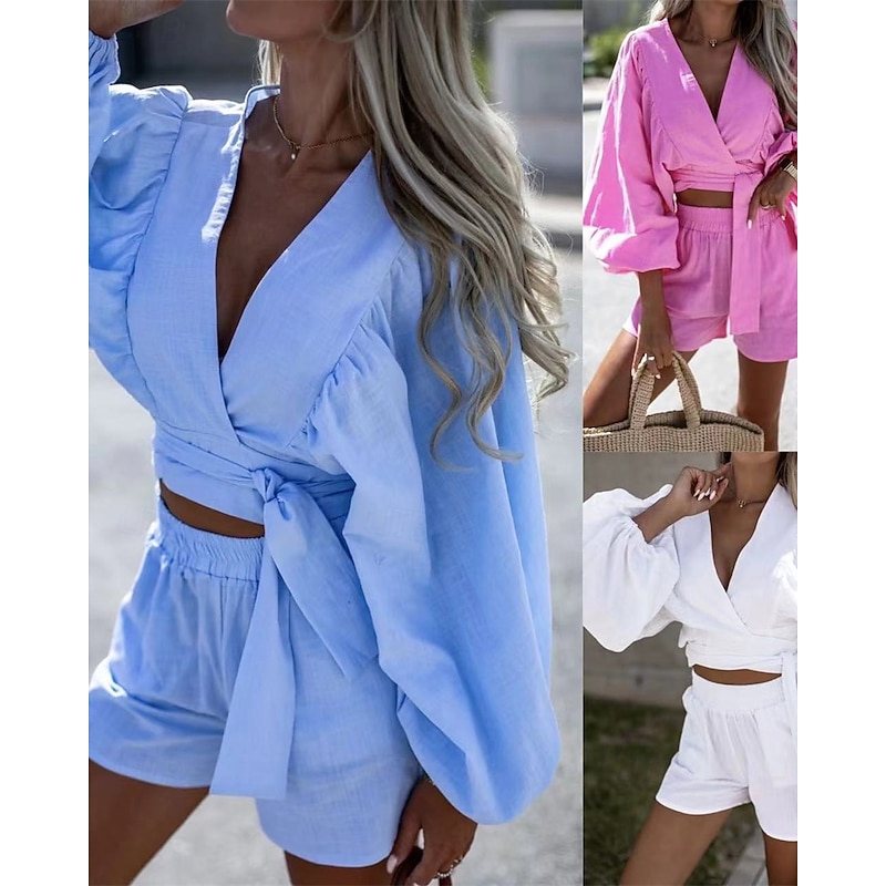 Women's Fashion Streetwear Cotton Linen Shirts Cotton Linen Sets Shorts Sets Short Sleeve Deep V Plain Print Daily Wear Date Blue Summer Regular Fit