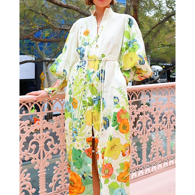Women's Long Dress Maxi Dress Cotton Linen Dresses Casual Dress Fashion Puff Sleeve Outdoor Party Holiday Regular Fit Flower Long Sleeve Shirt Collar Green Summer3